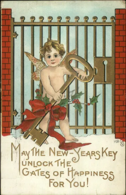 New Year - Cherub at Gate w/ Giant Key c1910 HBG Griggs Postcard