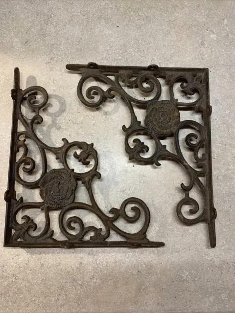 Pair Antique Victorian Cast Iron Marigold Shelf Brackets-As Found-Patina
