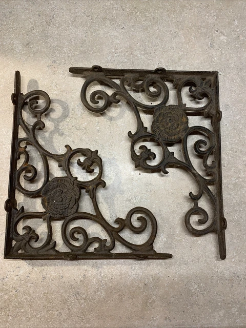 Pair Antique Victorian Cast Iron Marigold Shelf Brackets-As Found-Patina