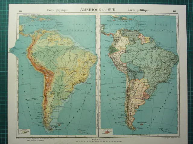 1921 Map ~ South America ~ Physical & Political Brazil Argentina Peru Bolivia