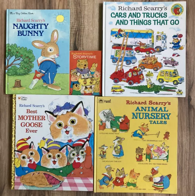 Lot of 5 Richard Scarry Childrens Books Vintage Hardcover Mother Goose Cars
