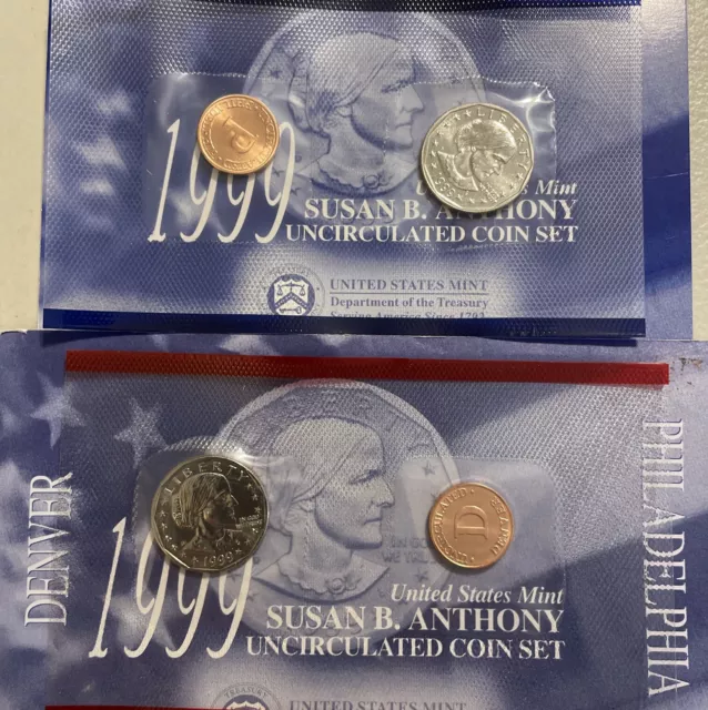 1999 P D GEM BU Uncirculated SBA (Susan B Anthony) US One Dollar 2 Coin Set