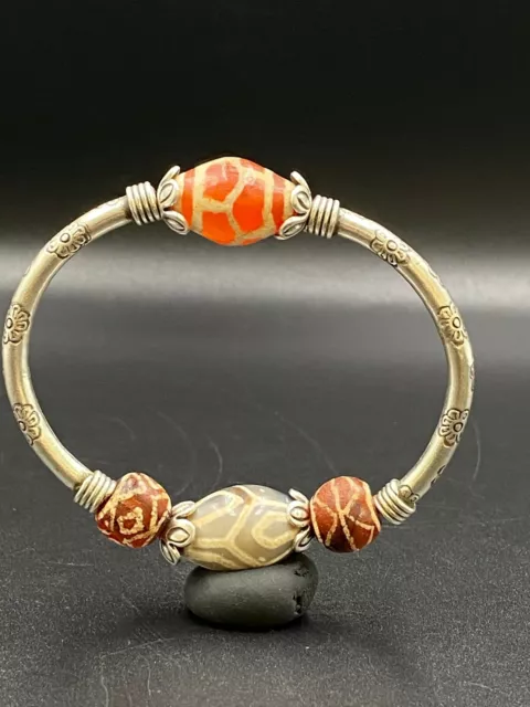 Antique Hand made silver Bracelet of Etch Carnelian Trible jewelry