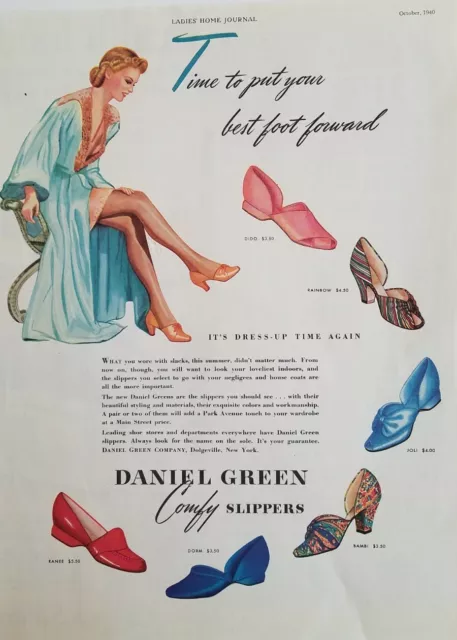 1940 women's Daniel Green comfy slippers shoes legs lingerie vintage ad