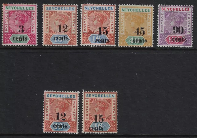 Seychelles 1893 QV surcharge  set. SG15-21/Sc22-26 +23a, 24a.. MM/MUM,  (a641