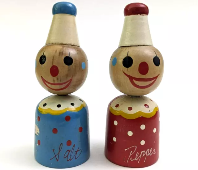 VTG Salt & Pepper Clown Shakers Wooden Wood Figurines Japan Mid Century Modern