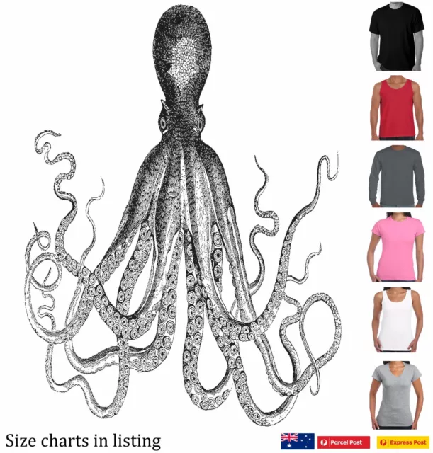 Octopus kraken squid Old school retro Men's Ladies T-Shirts Singlets scuba diver