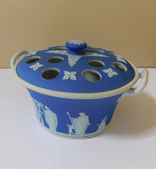 Wedgwood Cobalt Blue Jasperware Potpourri Flower Frog Lid Dish vase  bowl