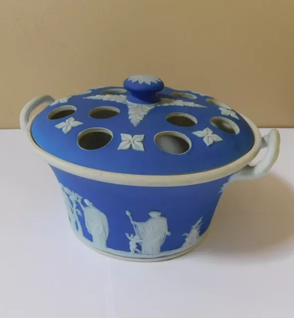 Wedgwood Cobalt Blue Jasperware Potpourri Flower Frog Lid Dish vase  bowl