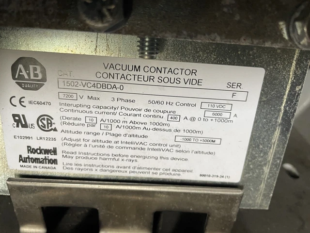 Allen Bradley 1502-V4Dbda-1 Vacuum Contactor Ser.d 7200V 400A 60/50Hz