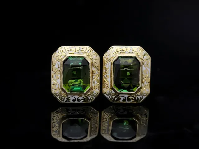 antiker Ohrstecker Ohrringe Emaille Turmaline 3,00 Karat 585 Gelb Gold 14 Karat