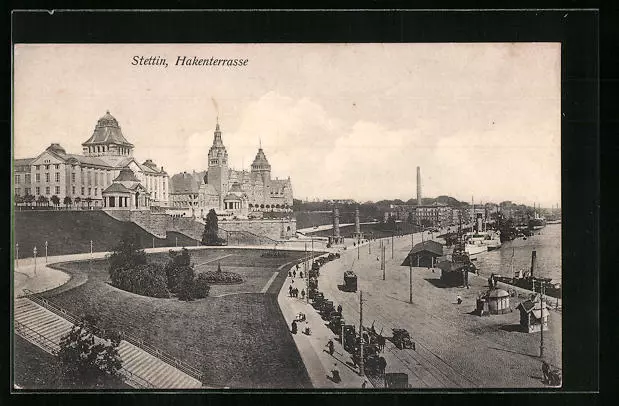 Stettin, Straßenpartie an der Hakenterrasse, Ansichtskarte