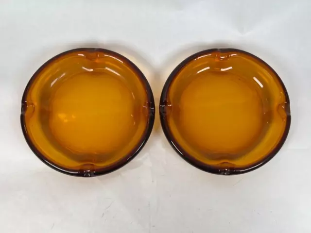 Pair of 8” Cigar Ashtray Amber Glass Round Mad Men Mancave Mid Century Modern