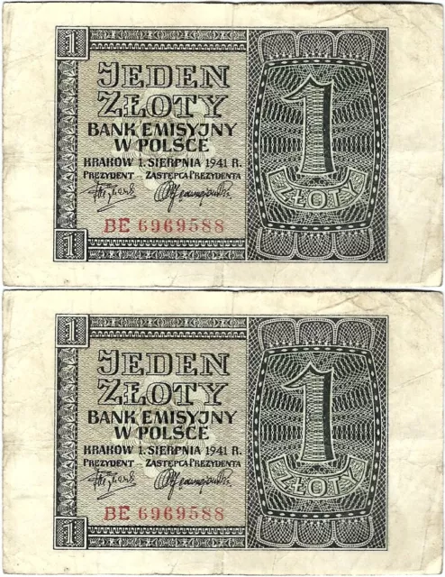 Polen Banknote 1 Zloty 1941 EMISSION BANK IN POLAND ZWK-34b Ro.579b P-99