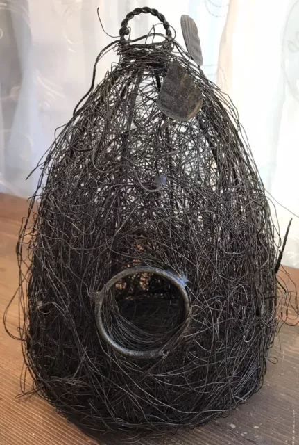 Dark Metal Wire Birdhouse With Leaves And Hanger 9” Tall