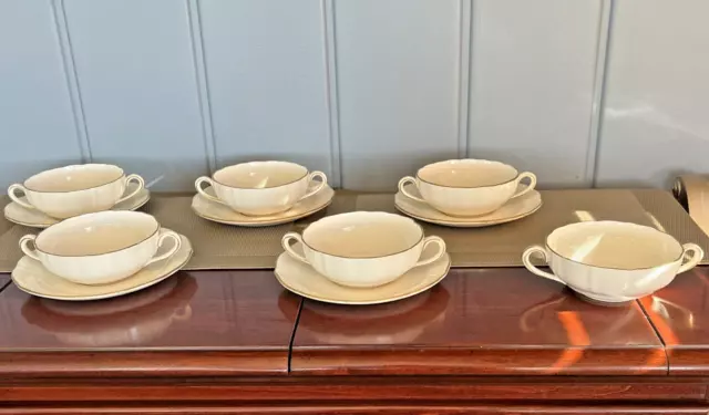 6 Spode Copeland England Cream/Gold Rim Handle Soup Bowls & 5 Saucers Older Mark