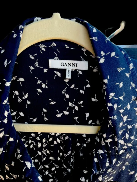 GANNI Shirt Womens Medium Button Up Blouse Top Navy Floral Long Sleeve