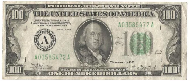 1934 $100 Frn-Fr 2152-A-Julian / Morgenthau-Very Fine-Free Us Ship-One Hundred