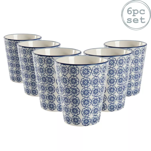 Set of 6 Hand Printed Porcelain Mugs Tea Coffee Cups No Handles 300ml Blue