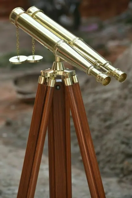 Nautical Telescope Brass 18" Binocular Antique  Leather With Floor Tripod Stand