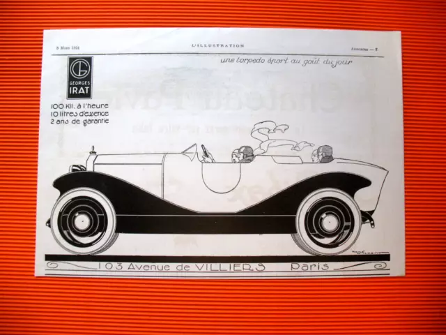 PUBLICITE DE PRESSE GEORGES IRAT TORPEDO SPORT ILLUSTRATION RENé VINCENT 1924