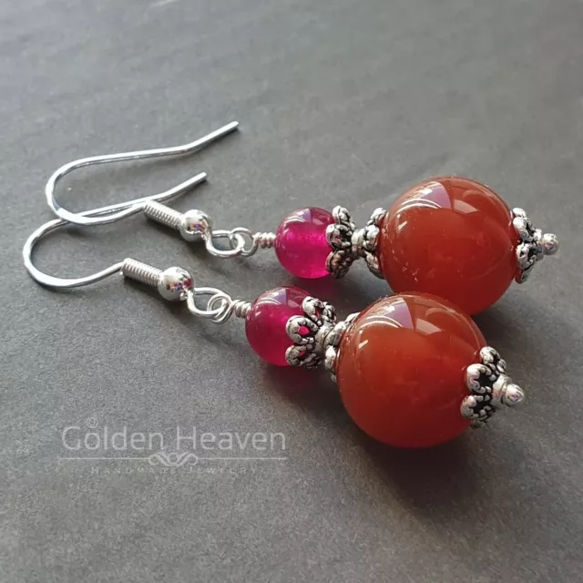 Red Carnelian and Burgundy Pink Jade Round Earrings 925 sterling silver hooks