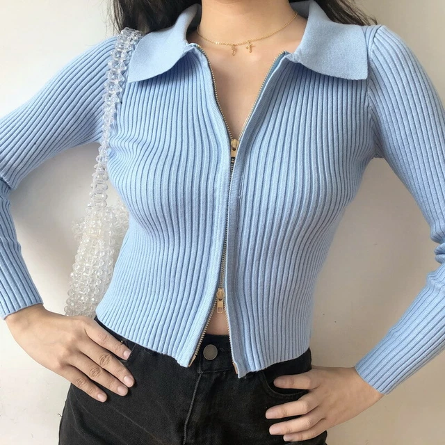 Donna Zip a Coste Maglione Bavero Top Corto Giacca Maglia Cardigan Gothic