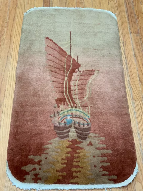 2' x4' ANTIQUE CHINESE SAILING BOAT ART DECO HANDMADE WOOL ORIENTAL RUG CLEANED
