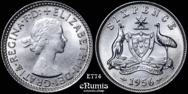 AUSTRALIA, Elizabeth II, 6 Pence Sixpence 1956, key date, UNC