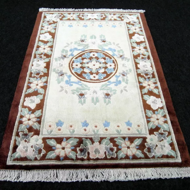 Seidenteppich China 88 x 63 cm Seide Orient Teppich Beige Braun Handgeknüpft Rug