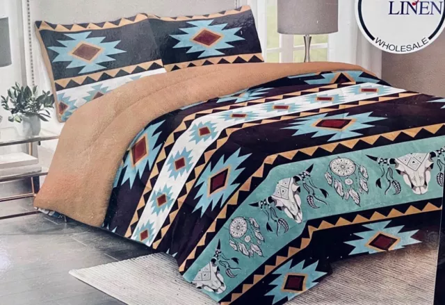 New King Size 3Pc Southwest Dreamcatchers Native Design Sherpa Blanket Set