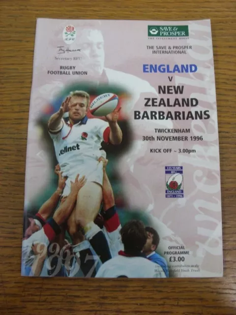 30/11/1996 Rugby Union Programme: England v New Zealand Barbarians [At Twickenha