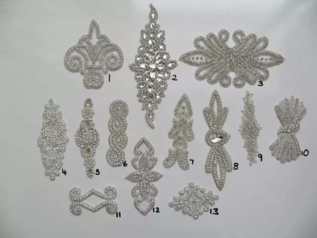 Sew/Iron On Silver Bling Beaded Rhinestone Trim Applique Bridal Dress Motif New 3