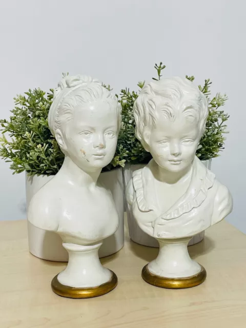 Rare  Pair of Italian Borghese Busts of a Boy and Girl in Matte White Ceramic