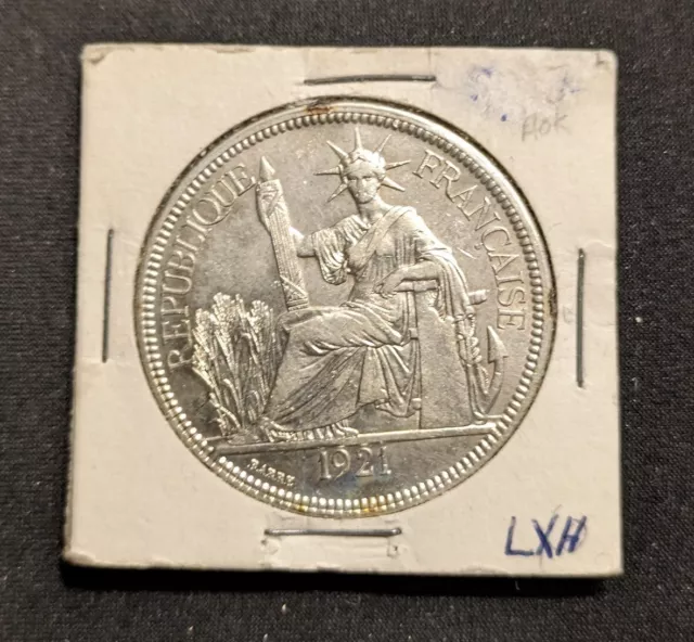 1921 - French Indochina 1 Piastre 0.900, VF, 90% French Vintage Silver Coin