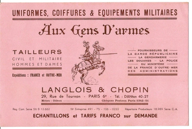 Buvard Aux gens D'Armes à Paris rue de Tournon. Uniformes militaires.