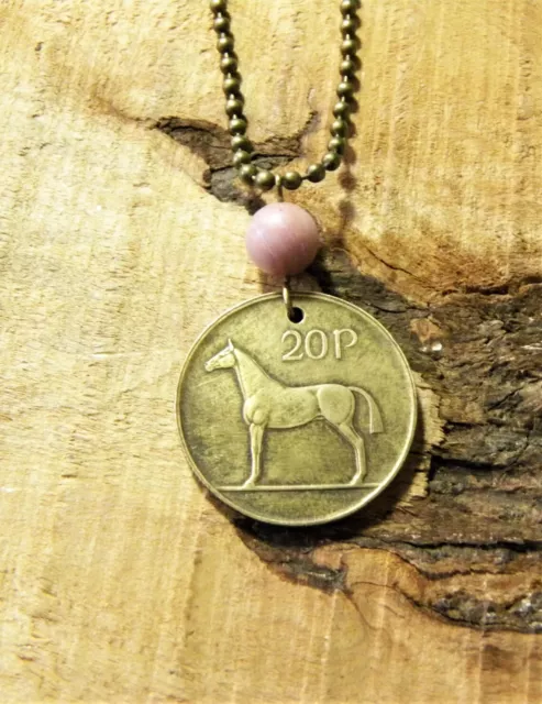Horse Coin Necklace + Pastel Pink Rhodonite Gemstone Bead - Ireland N271