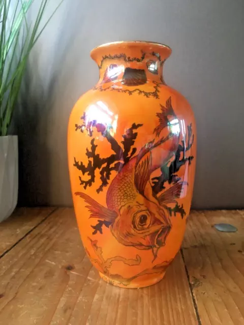 Stunning Art Deco Agr Crown Ducal Orange Lustre 1327 Goldfish Koi Carp Fish Vase