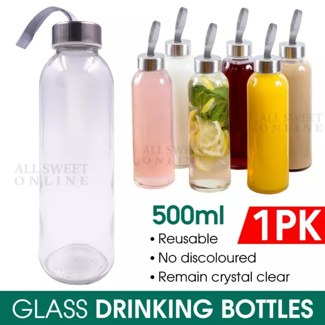 500ml Glass Water Sports Bottle Top Handle Screw Top Lid String Juice Storage AU