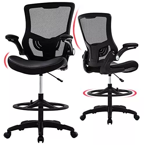 Drafting Chair Mid-Back Mesh Tall Office Chair with Flip-Up Arms Black Modern