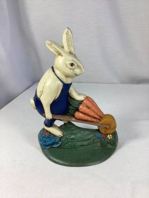 Vintage Cast Iron Gardening Bunny Rabbit Door Stop - 9 1/2” Tall