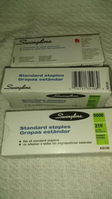 3 Boxes Swingline Standard Staples, Chisel Point, 1/4 Length, 210/Strip 5000/Box