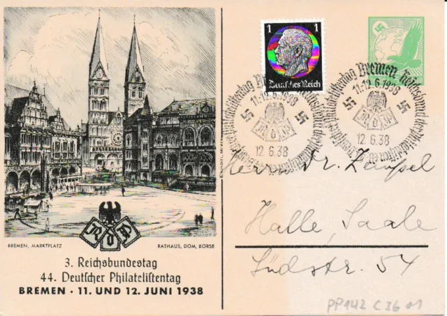 Privatganzsache, PP 142 C 36/01 3. Reichsbu.Tg, 44. PhilaTag BREMEN, 1938, Zfr
