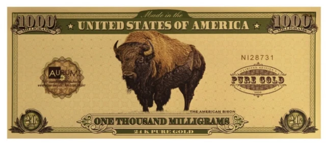 1 Gram .999 Gold Random Year Green & Gold Bison 24K Aurum Note 1000mg