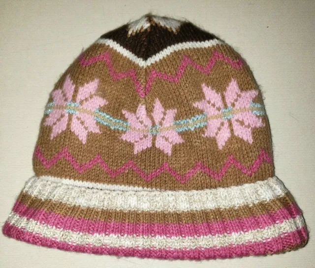 GAP KIDS girls WINTER HAT soft brown PINK SNOWFLAKES size S/M fleece lined SOFT