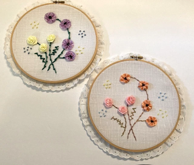 De colección 2 Flor Bordada Hecha a Mano Colorida Flor Floral Cuadros Encaje Enmarcado