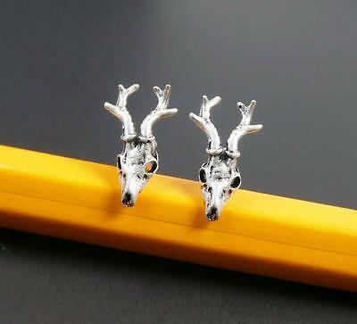 Handmade Antique Sterling Silver Deer Head Skull Tiny Small Stud Earrings Gothic