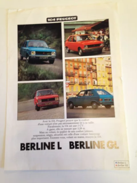 PEUGEOT 104 berline L GL  dépliant brochure PUBLICITAIRE VINTAGE C12
