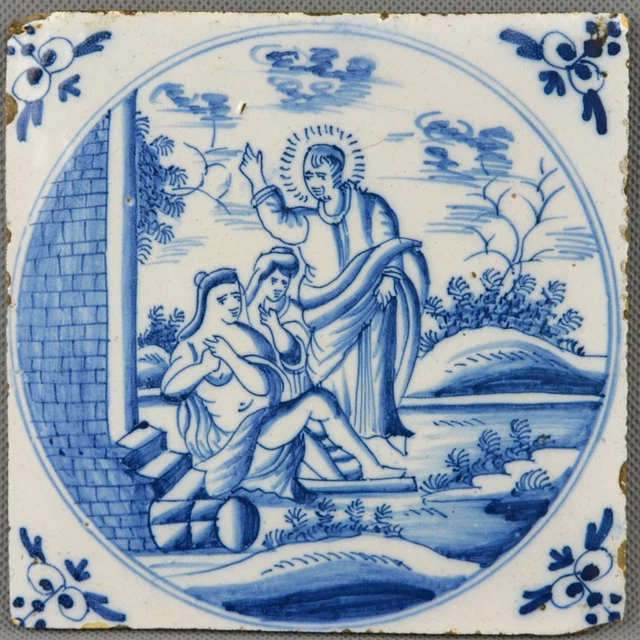 A Dutch Antique tile Depicting the raising of Lazarus after by Abraham Bloemaert