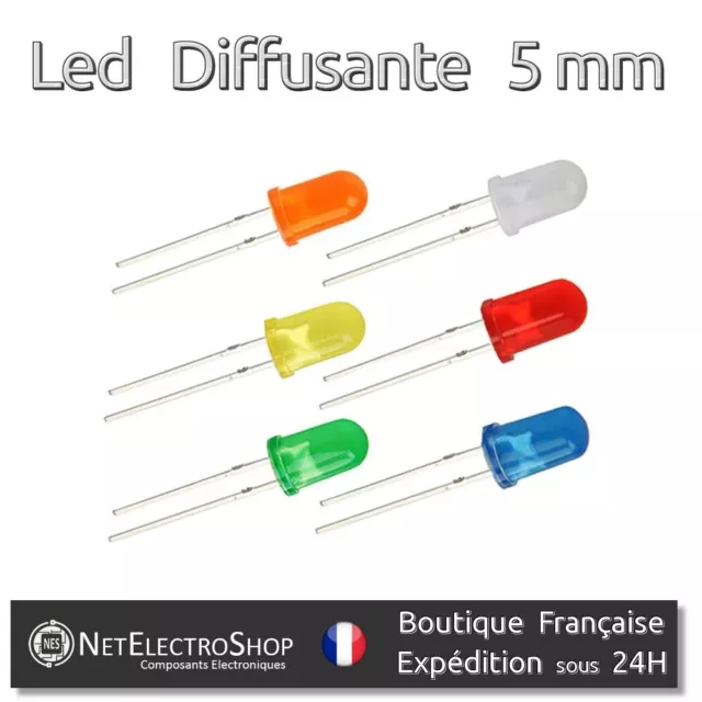 Led Diffusante, Diffused Led, 5mm, 6 couleurs au choix, 10 à 100pcs, Assortiment